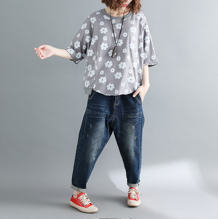 Style Half Sleeve Cotton Clothes Tutorials Gray Print Knee Shirts