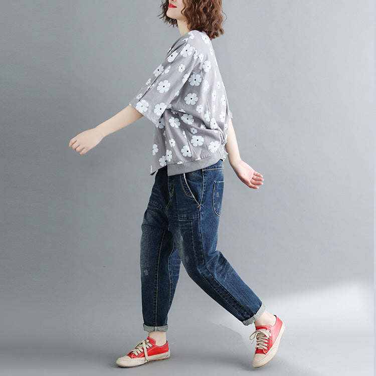 Style Half Sleeve Cotton Clothes Tutorials Gray Print Knee Shirts