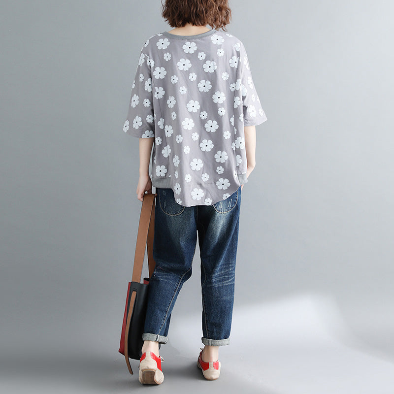 Style Half Sleeve Cotton Clothes Tutorials Gray Print Knee Shirts