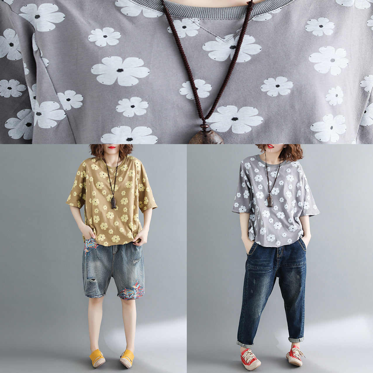 Style Half Sleeve Cotton Clothes Tutorials Gray Print Knee Shirts