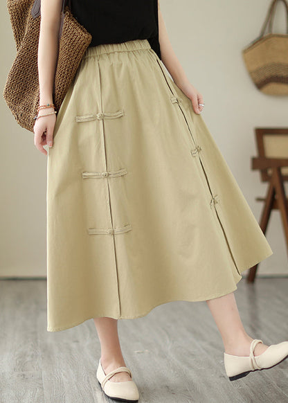 Style Khaki Chinese Button Cotton a Line Skirt Summer