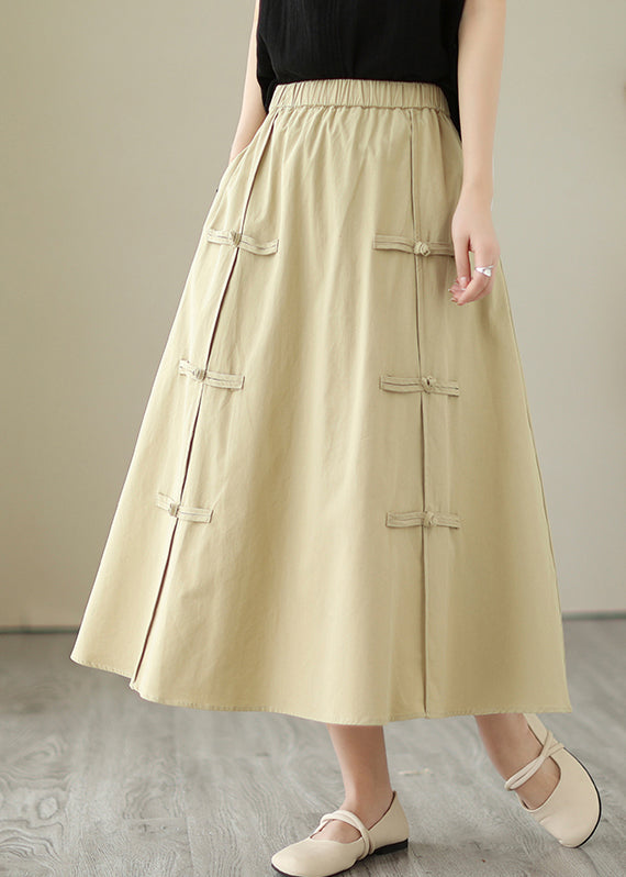 Style Khaki Chinese Button Cotton a Line Skirt Summer