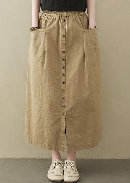 Style Khaki Elastic Waist Buttons Cotton a Line Skirt Summer