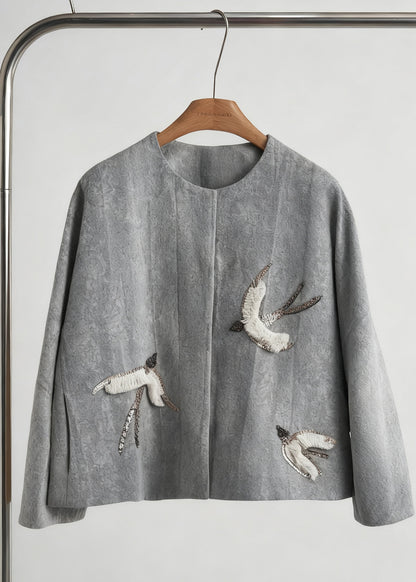 Style Khaki Embroidered Jacquard Silk Velvet Coat Outwear Spring