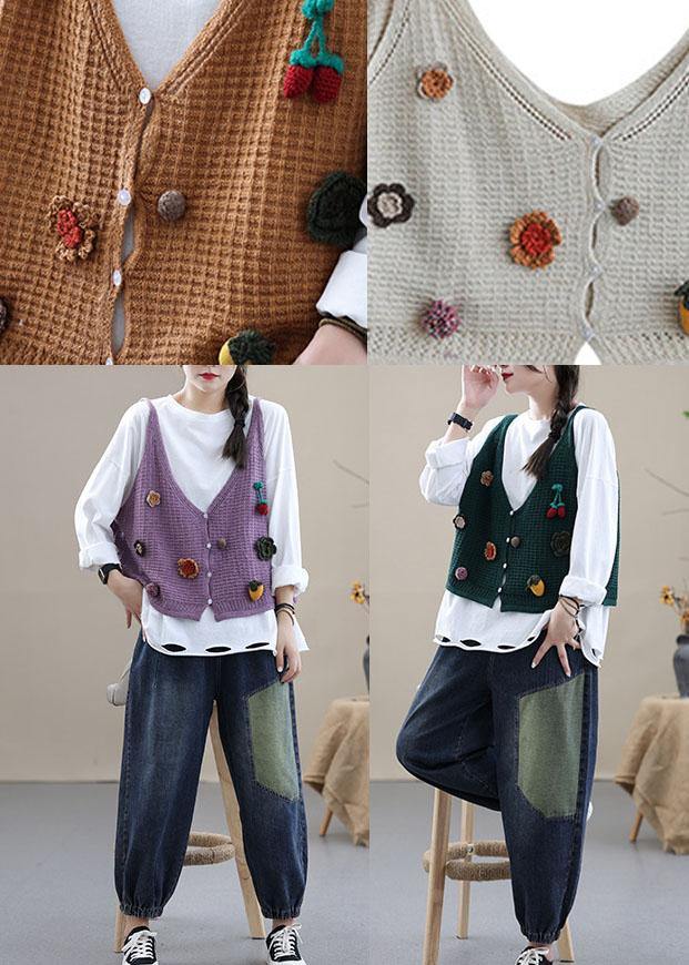 Style Khaki Embroideried Fall Shirt Knit Vest Sleeveless