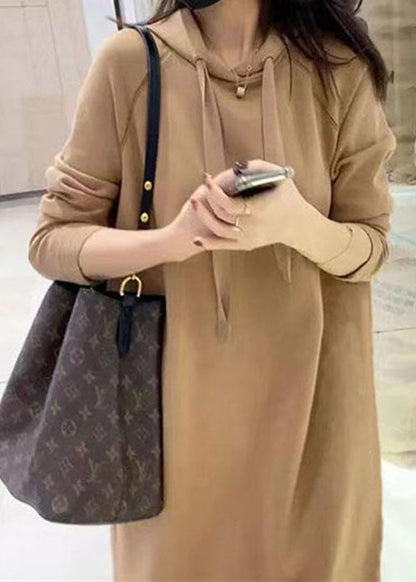 Style Khaki Hooded Cinched Cotton Sweatshirt Dress Spring