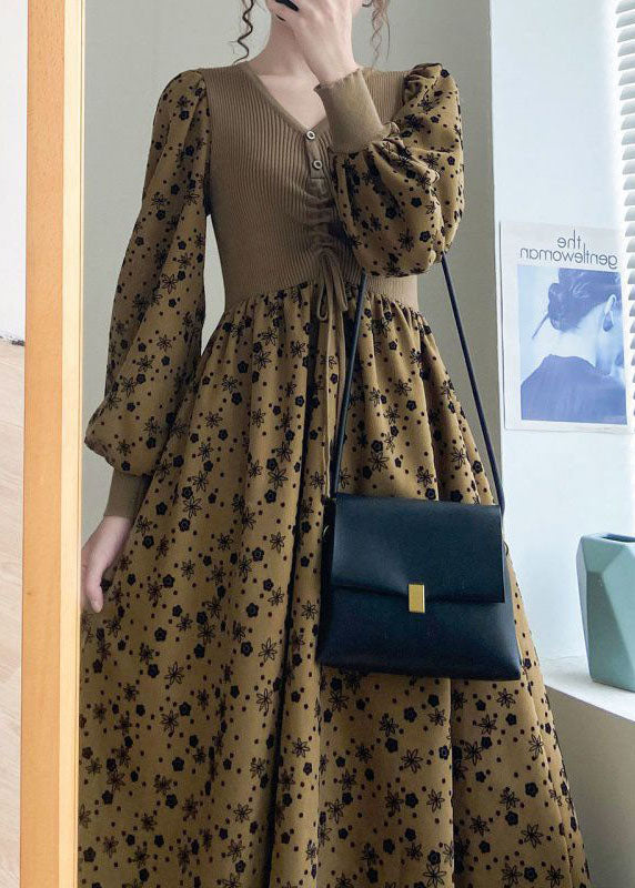 Style Khaki Knit Patchwork Drawstring Print Fall Maxi Dresses Long Sleeve