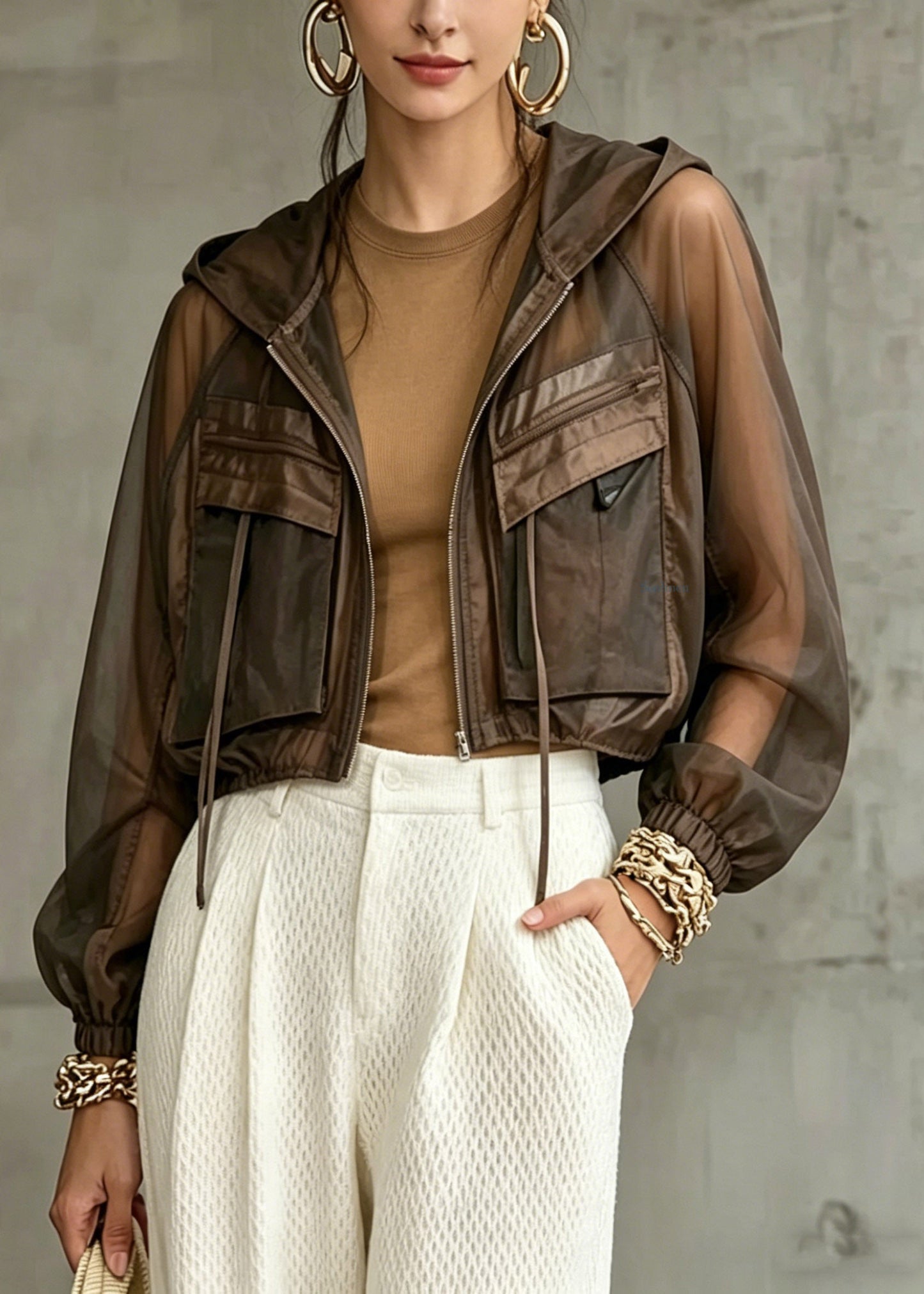 Style Khaki Pockets Patchwork Hooded Upf 50+ Coat Jacket Lantern Sleeve