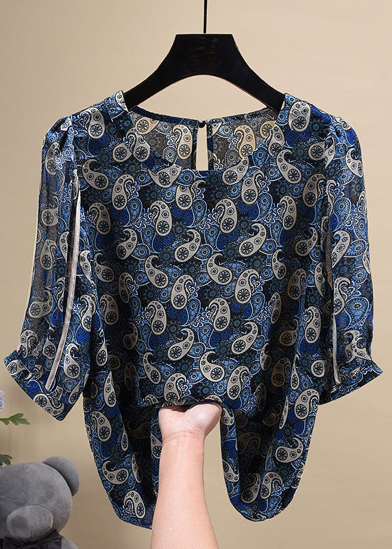 Style Khaki Print O-neck Patchwork Button Chiffon Blouse Tops Short Sleeve