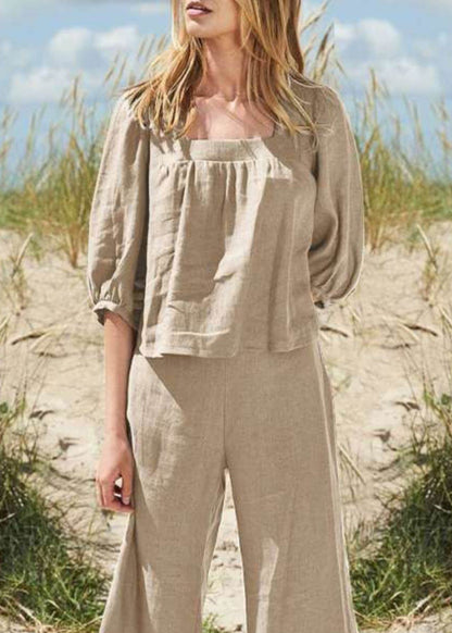 Style Khaki Square Collar Top and Crop Pants Two Pieces Set Half Sleeve