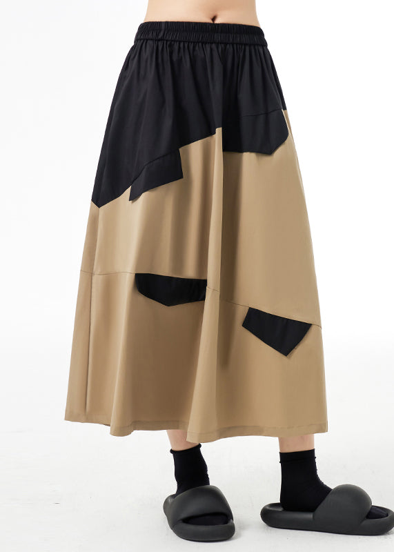 Style Khaki Wrinkled Pockets Patchwork Cotton a Line Skirts Fall