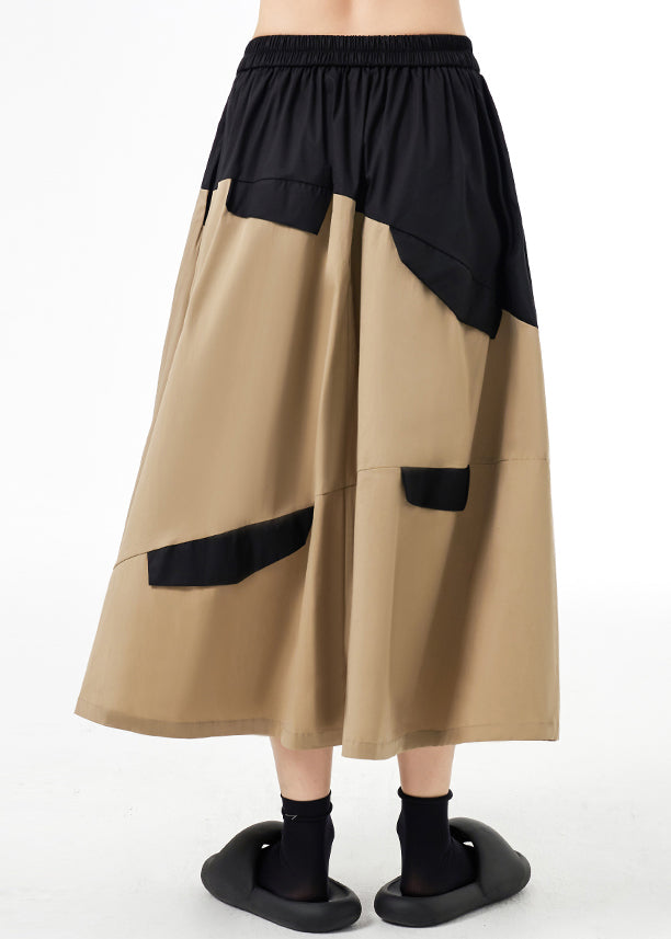 Style Khaki Wrinkled Pockets Patchwork Cotton a Line Skirts Fall