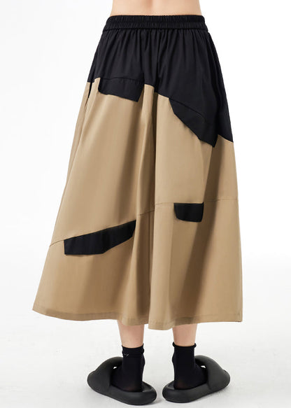 Style Khaki Wrinkled Pockets Patchwork Cotton a Line Skirts Fall