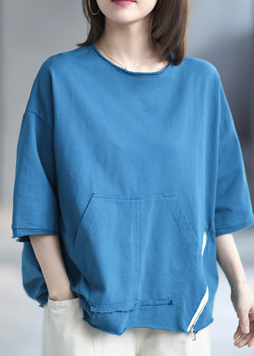Style Lake Blue O-neck Zip Up Pockets Patchwork Loose Top Half Sleeve