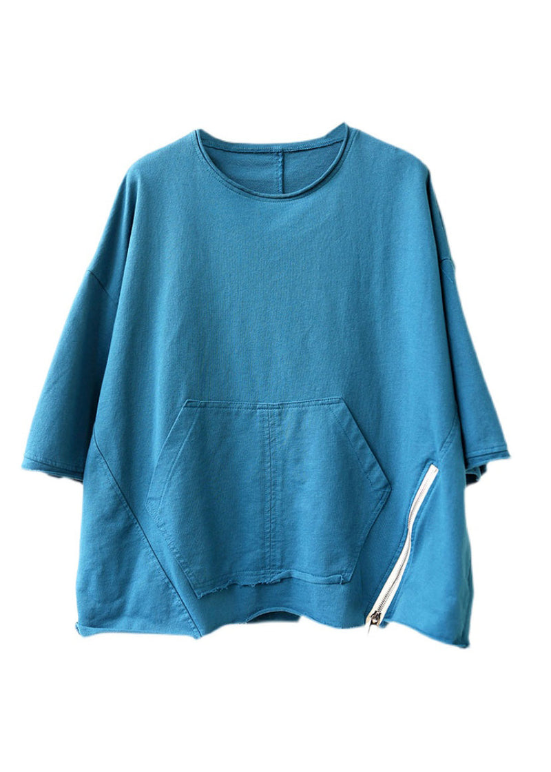 Style Lake Blue O-neck Zip Up Pockets Patchwork Loose Top Half Sleeve