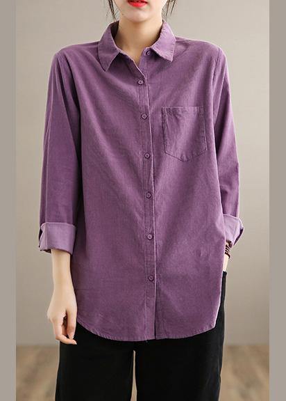 Style Lapel Pockets Spring Crane Tops Design Purple Shirt