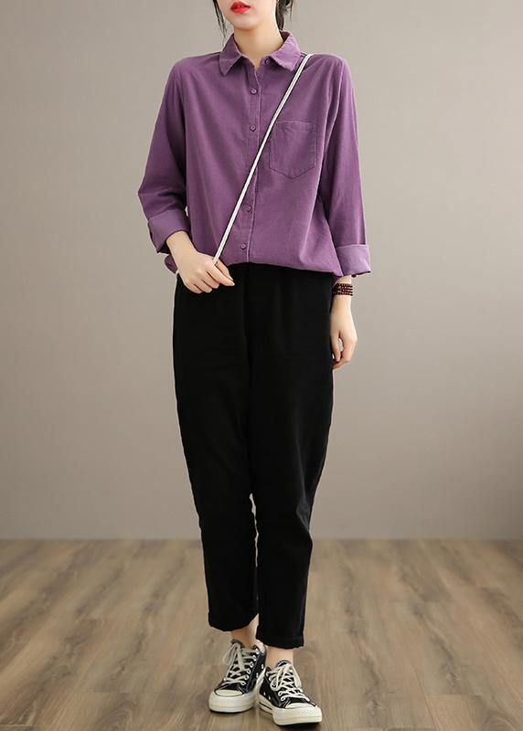 Style Lapel Pockets Spring Crane Tops Design Purple Shirt