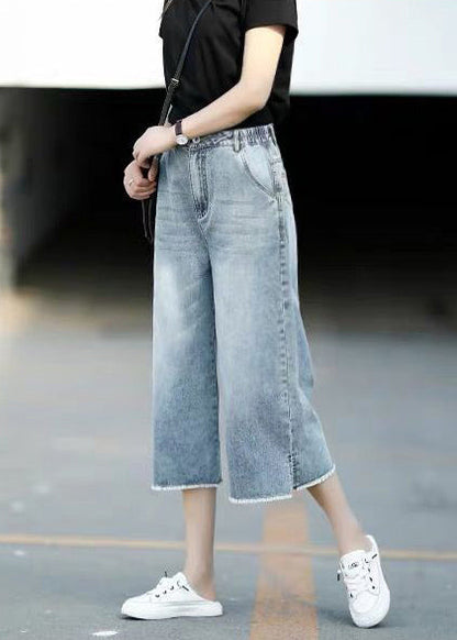 Style Light Blue Elastic Waist Denim Crop Straight Pants Trousers Summer