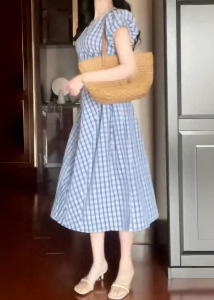 Style Light Blue O-neck Plaid Tie Waist Long Dress Short Sleeve