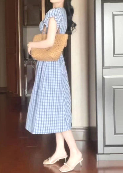 Style Light Blue O-neck Plaid Tie Waist Long Dress Short Sleeve