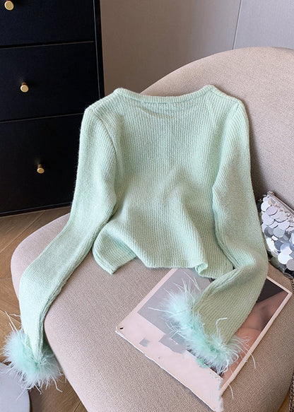 Style Light Green O-neck Button Cotton Knit Cardigan Spring