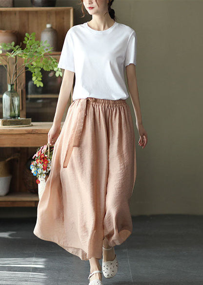 Style Light Pink Elastic Waist Tie Waist Wide Leg Pants Spring