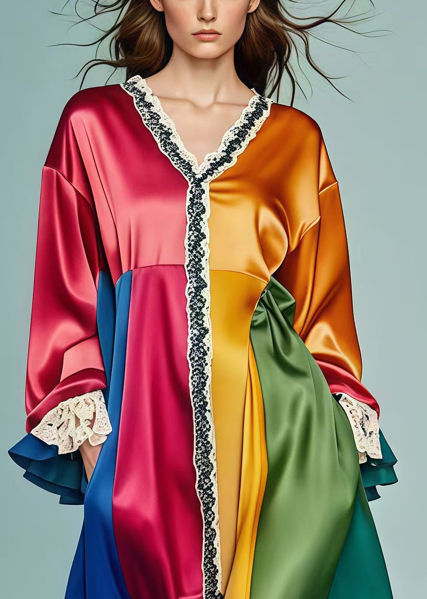 Style Multicolor Oversized Lace Patchwork Silk Vacation Dresses Fall