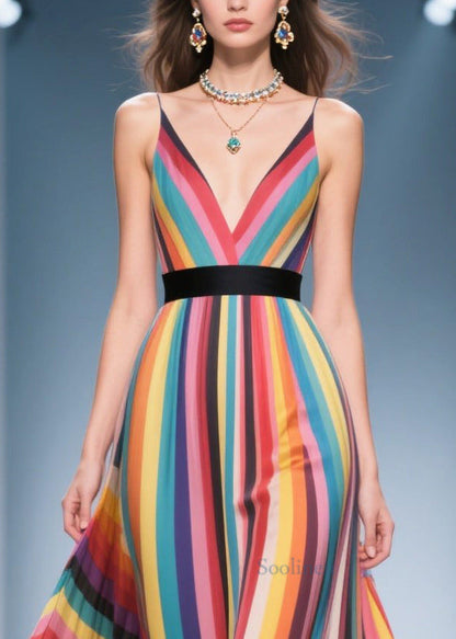 Style Multicolour Striped Flower Decorated Chiffon Maxi Dresses Summer
