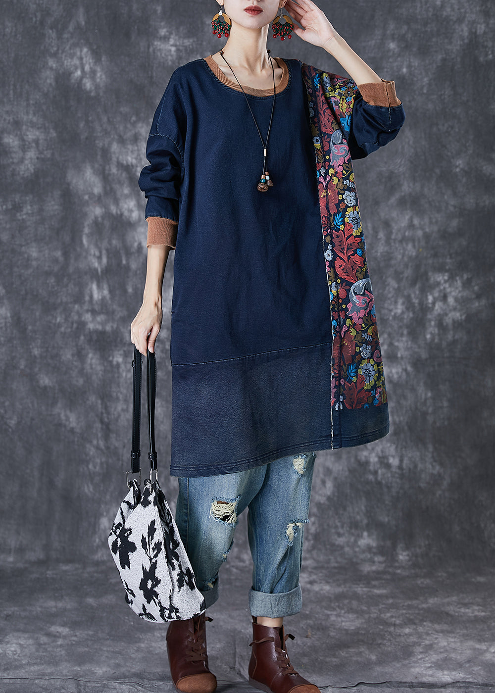 Style Navy Asymmetrical Patchwork Cotton Pullover Dress Fall