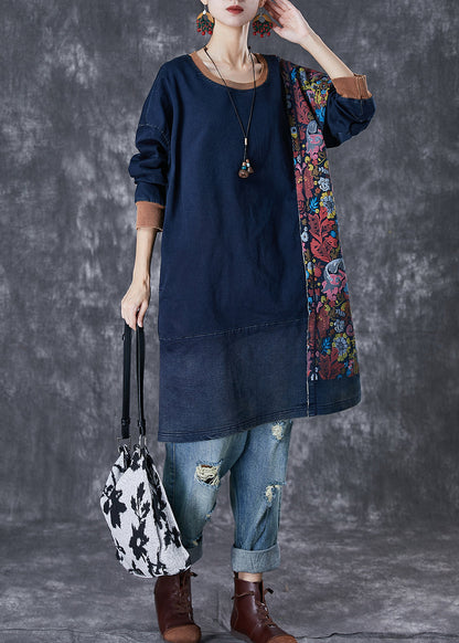 Style Navy Asymmetrical Patchwork Cotton Pullover Dress Fall
