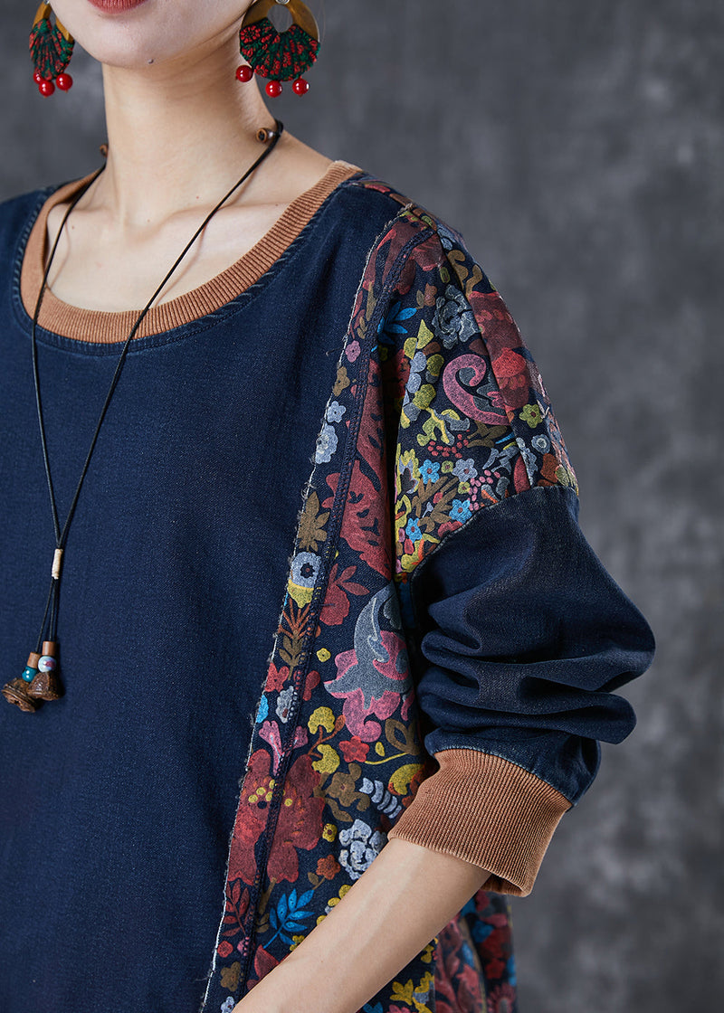 Style Navy Asymmetrical Patchwork Cotton Pullover Dress Fall