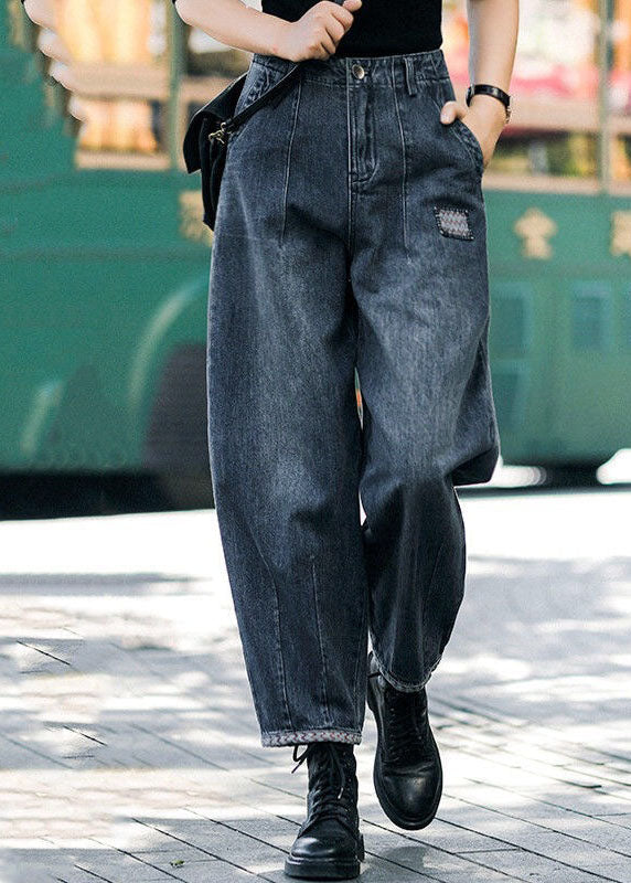 Style Navy- High Waist Pockets Harem Fall Denim Pants