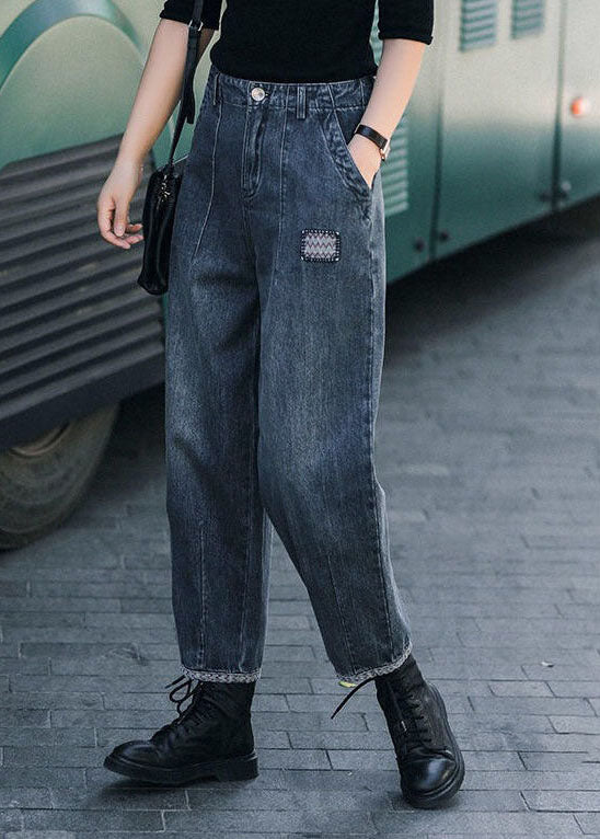 Style Navy- High Waist Pockets Harem Fall Denim Pants