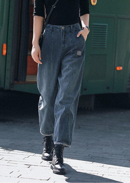 Style Navy- High Waist Pockets Harem Fall Denim Pants