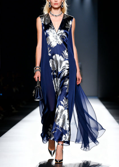 Style Navy Jacquard Patchwork Chiffon Holiday Dress Summer