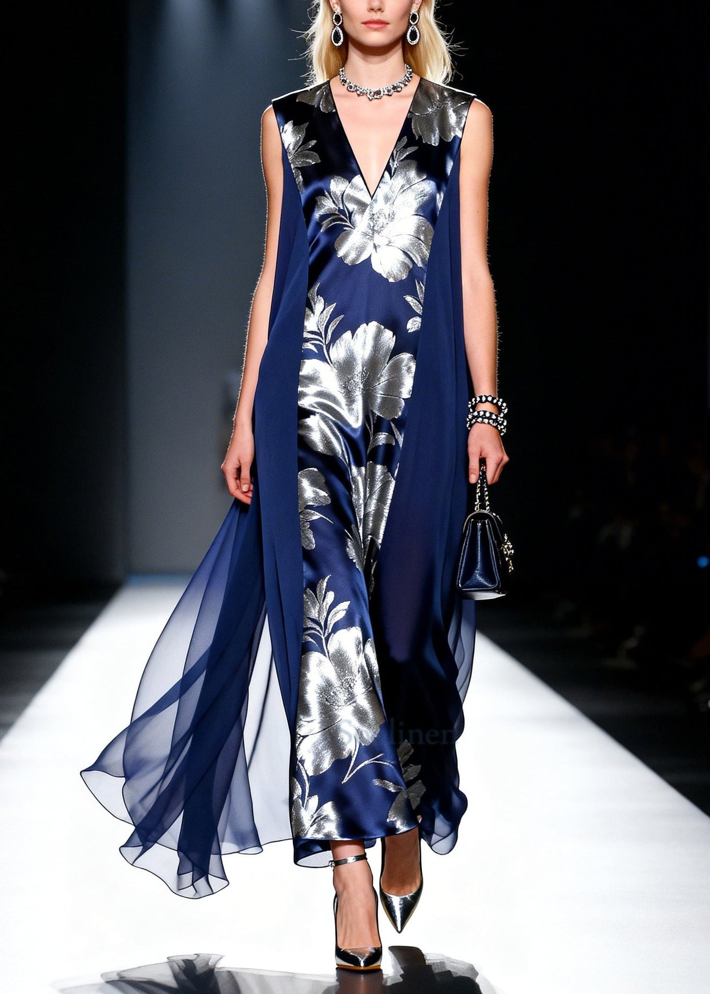 Style Navy Jacquard Patchwork Chiffon Holiday Dress Summer