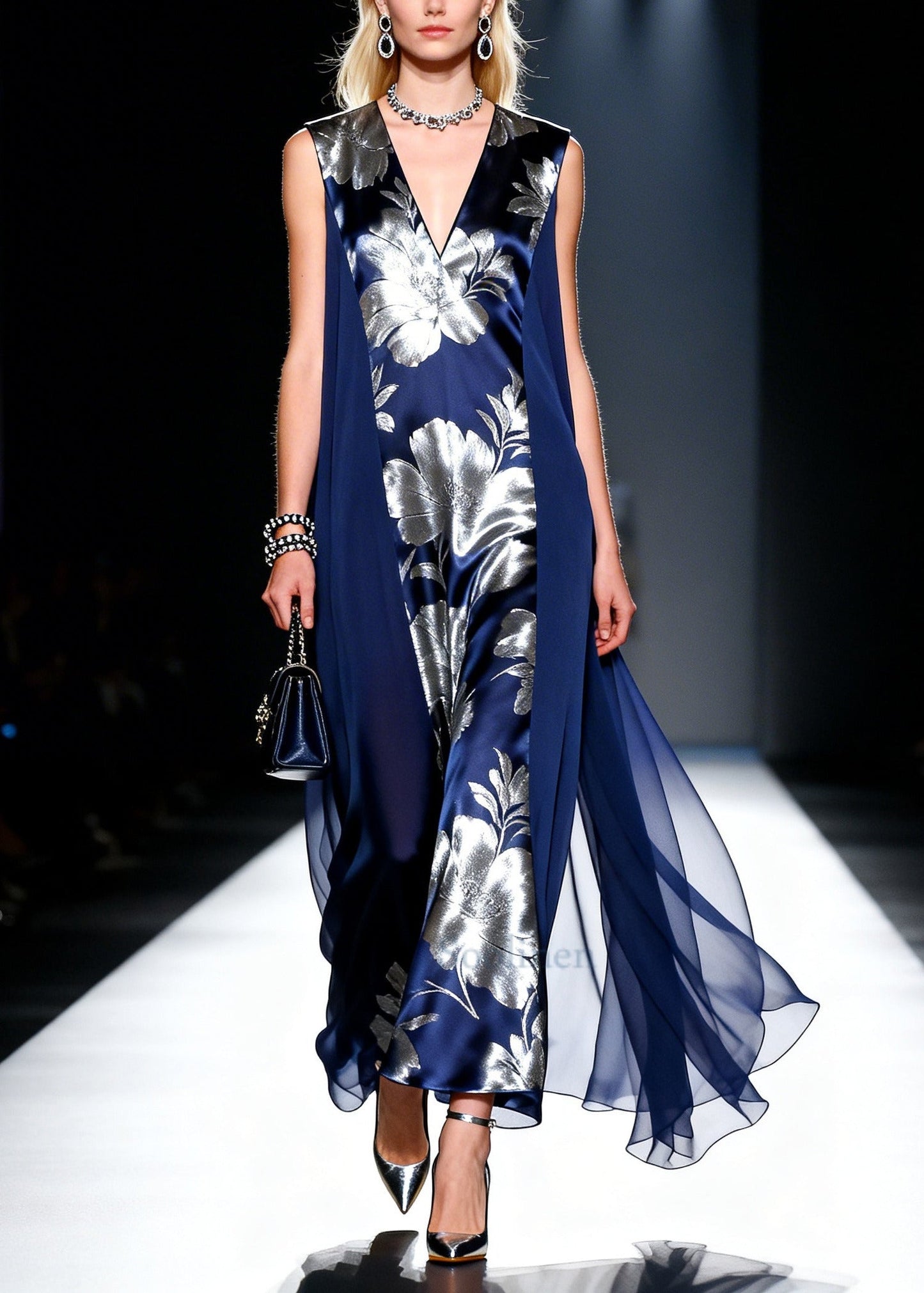 Style Navy Jacquard Patchwork Chiffon Holiday Dress Summer