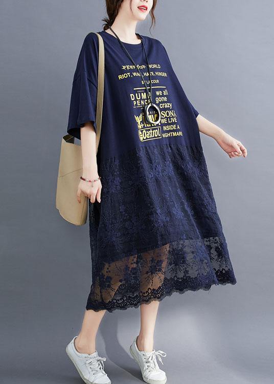 Style Navy Loose Patchwork Lace Summer Half Sleeve Maxi Dresses