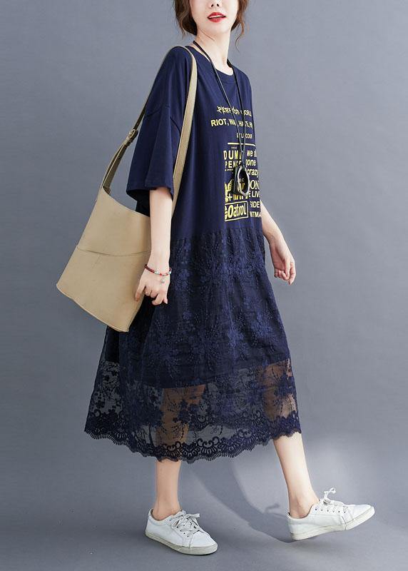 Style Navy Loose Patchwork Lace Summer Half Sleeve Maxi Dresses