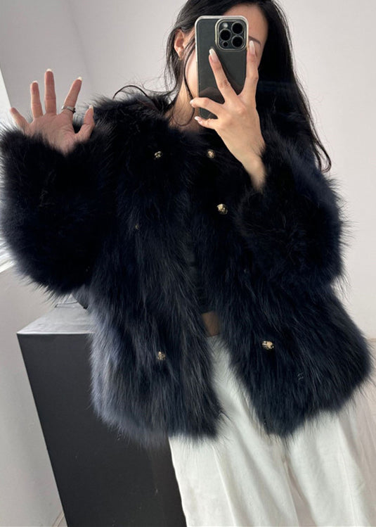 Style Navy O Neck Double Breast Leather and Fur Coat Winter