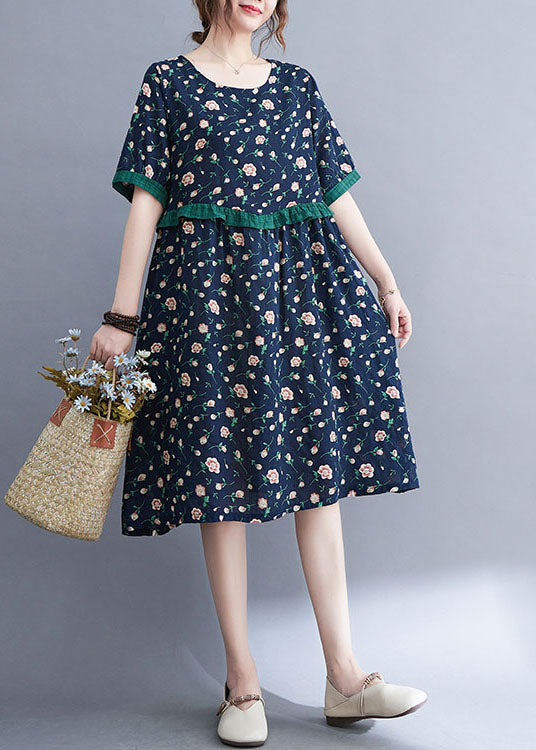 Style Navy O-neck Ruffled Patchwork Print Cotton Party Dress Short Sleeve