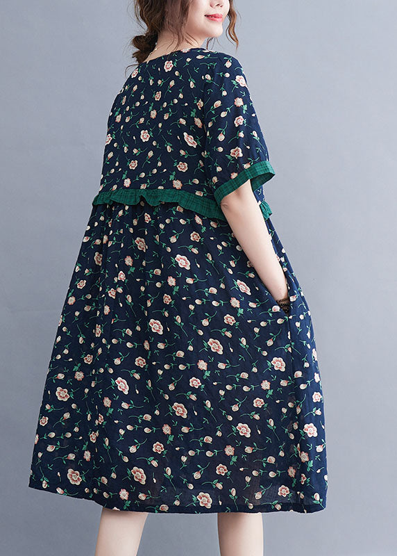 Style Navy O-neck Ruffled Patchwork Print Cotton Party Dress Short Sleeve