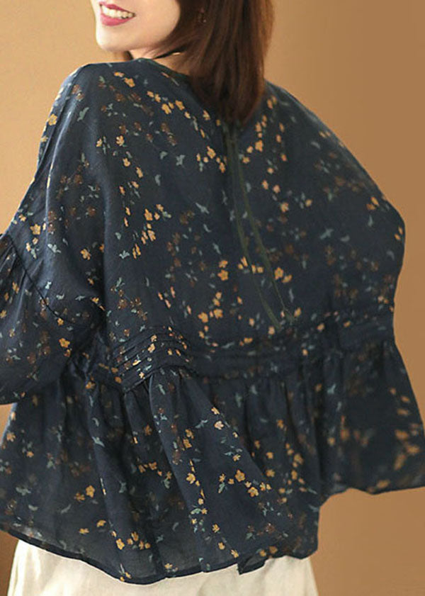 Style Navy O-neck Wrinkled Print Cotton Blend Loose Shirt Tops Batwing Sleeve