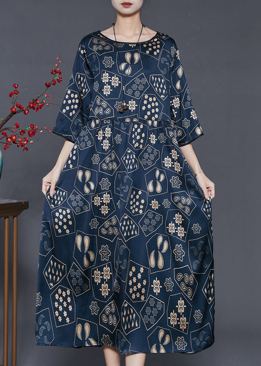 Style Navy Oversized Print Silk Vacation Dresses Half Sleeve