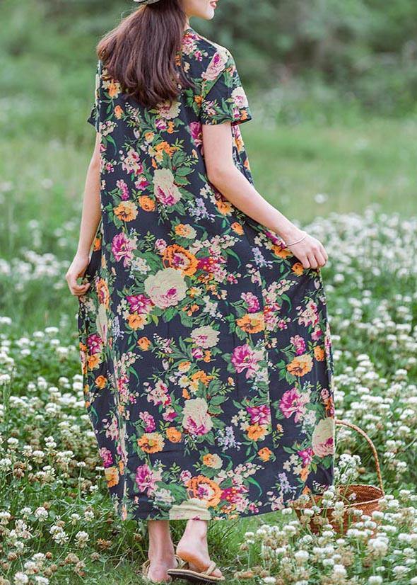Style Navy Print Tunics Chinese Button Traveling Summer Dress