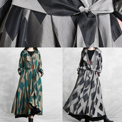 Style Notched Tie Waist Coats Gray Plaid Tunic Jackets