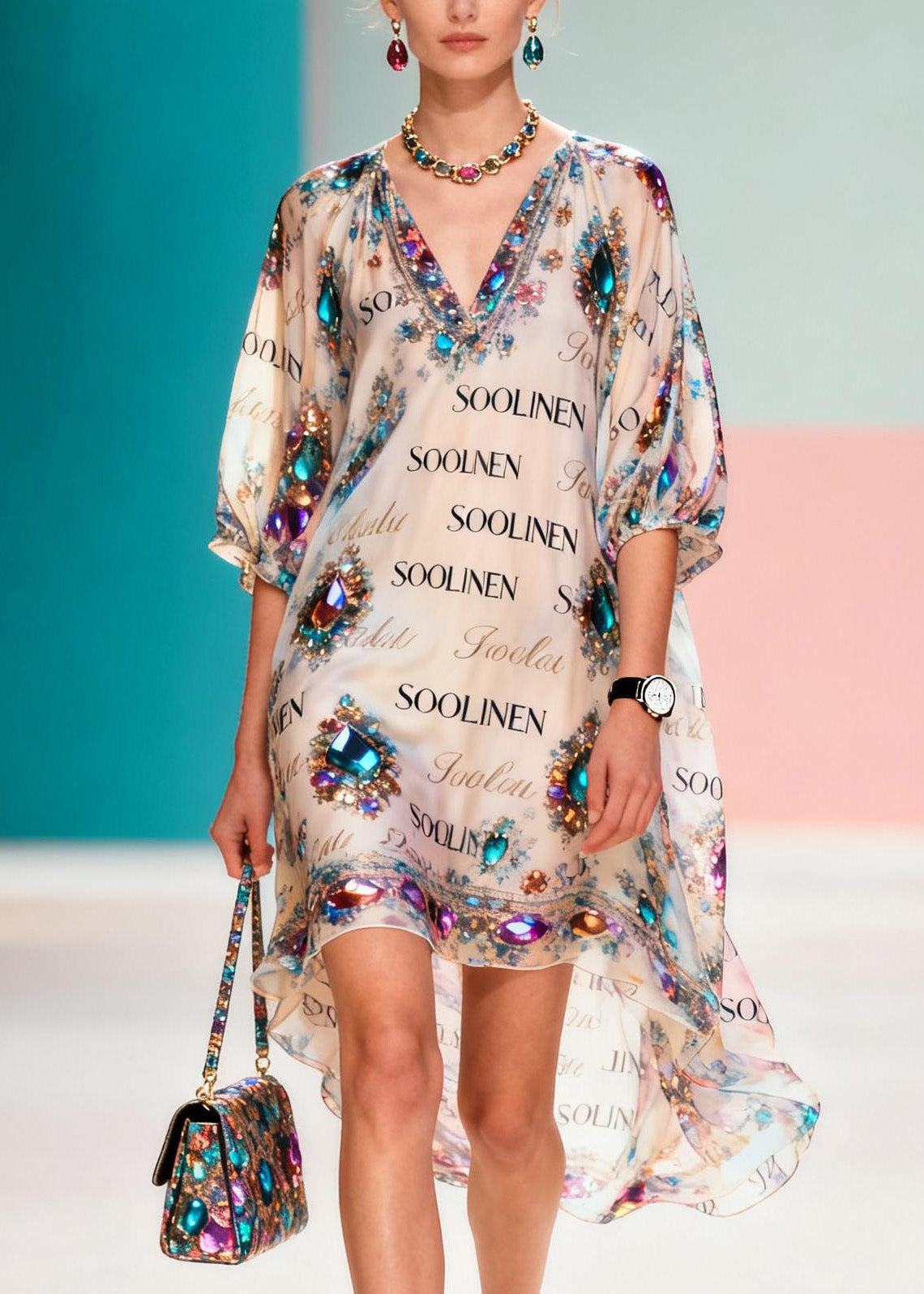 Style O Neck Asymmetrical Design Print Chiffon Dress Summer