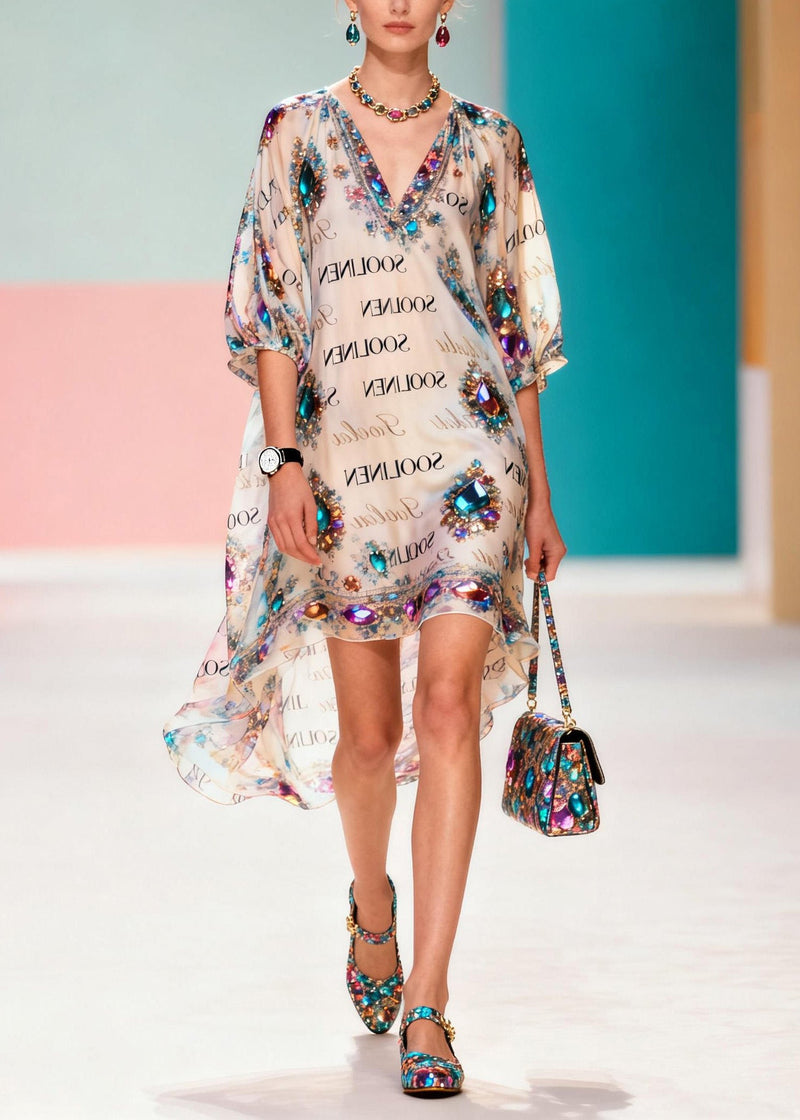Style O Neck Asymmetrical Design Print Chiffon Dress Summer