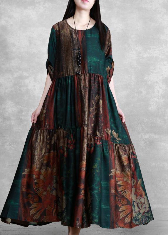 Luxy Green Print Silk Summer Dresses Loose Caftan