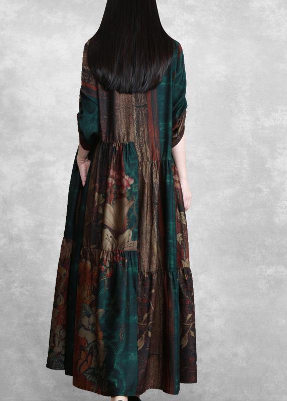 Luxy Green Print Silk Summer Dresses Loose Caftan
